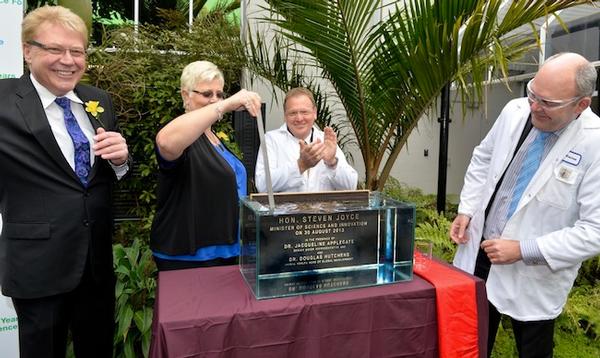 From left to right &#8211; Wayne Leech, Head of CID, Bayer ANZ CEO Dr Jackie Applegate,  Dr Jackie Applegate Bayer's head of global animal health development Dr Douglas Hutchens, Minister Steven Joyce.